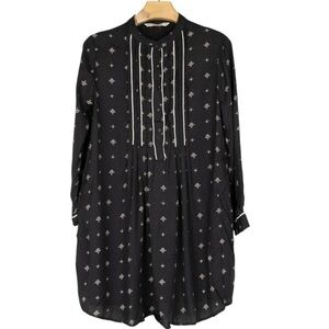 Zara Black Textured Diamond Print Pleated Neckline Long Sleeve Mini Dress
